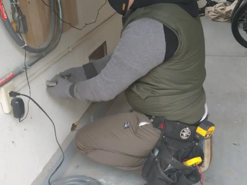 Electrician performing outlet wiring in a Justin garage